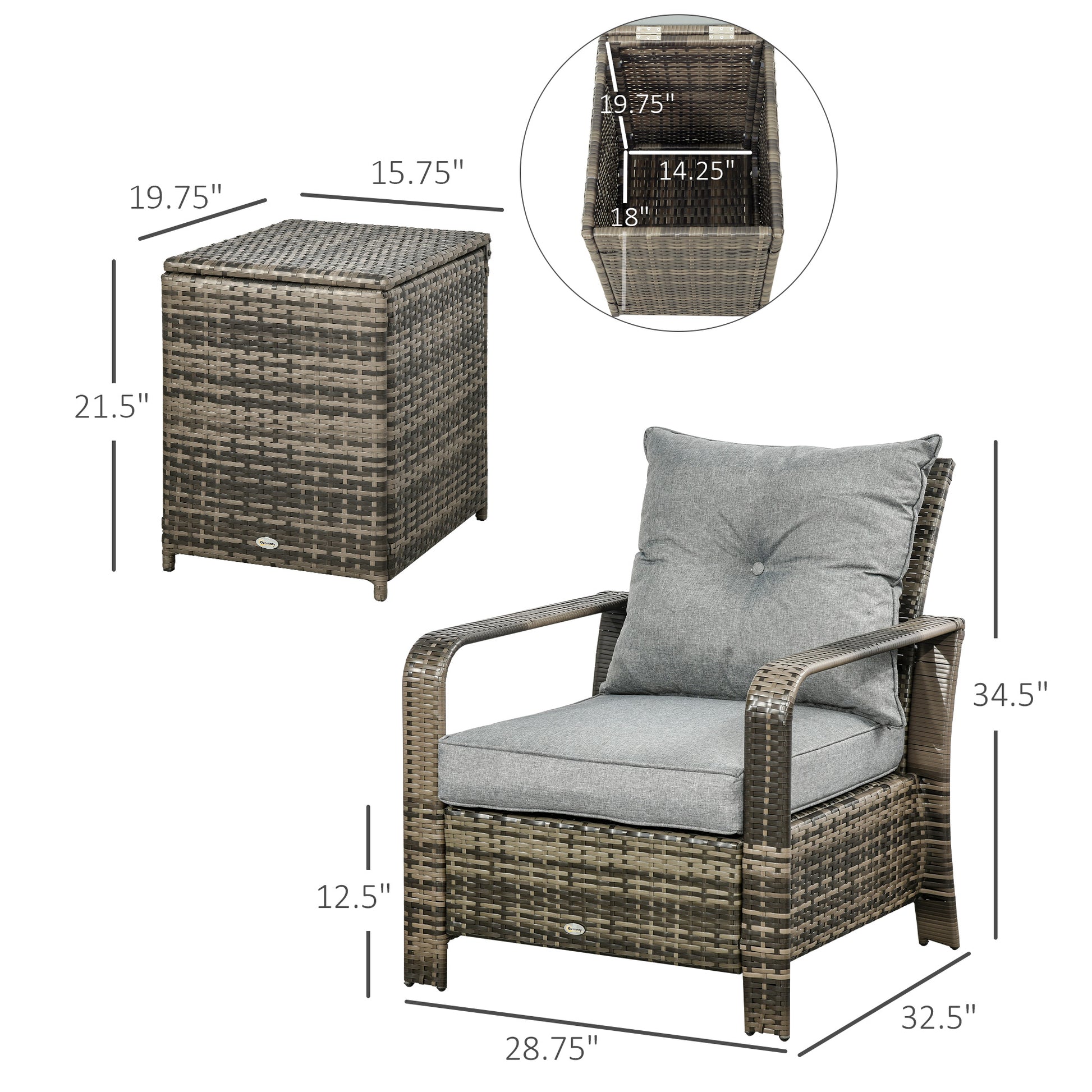 Resin wicker armchair with gray cushion and matching storage ottoman
