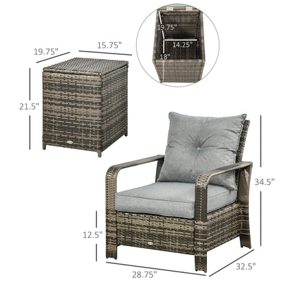 Resin wicker armchair with gray cushion and matching storage ottoman