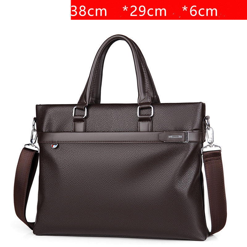 Men's soft leather briefcase, large brown with top handles, front zipper, shoulder strap