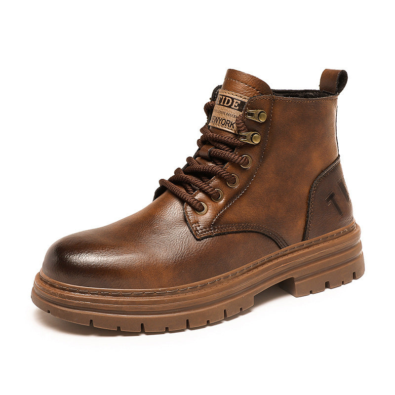 Brown high-top lace-up work boot with side seam detail, metal eyelets, and chunky sole.