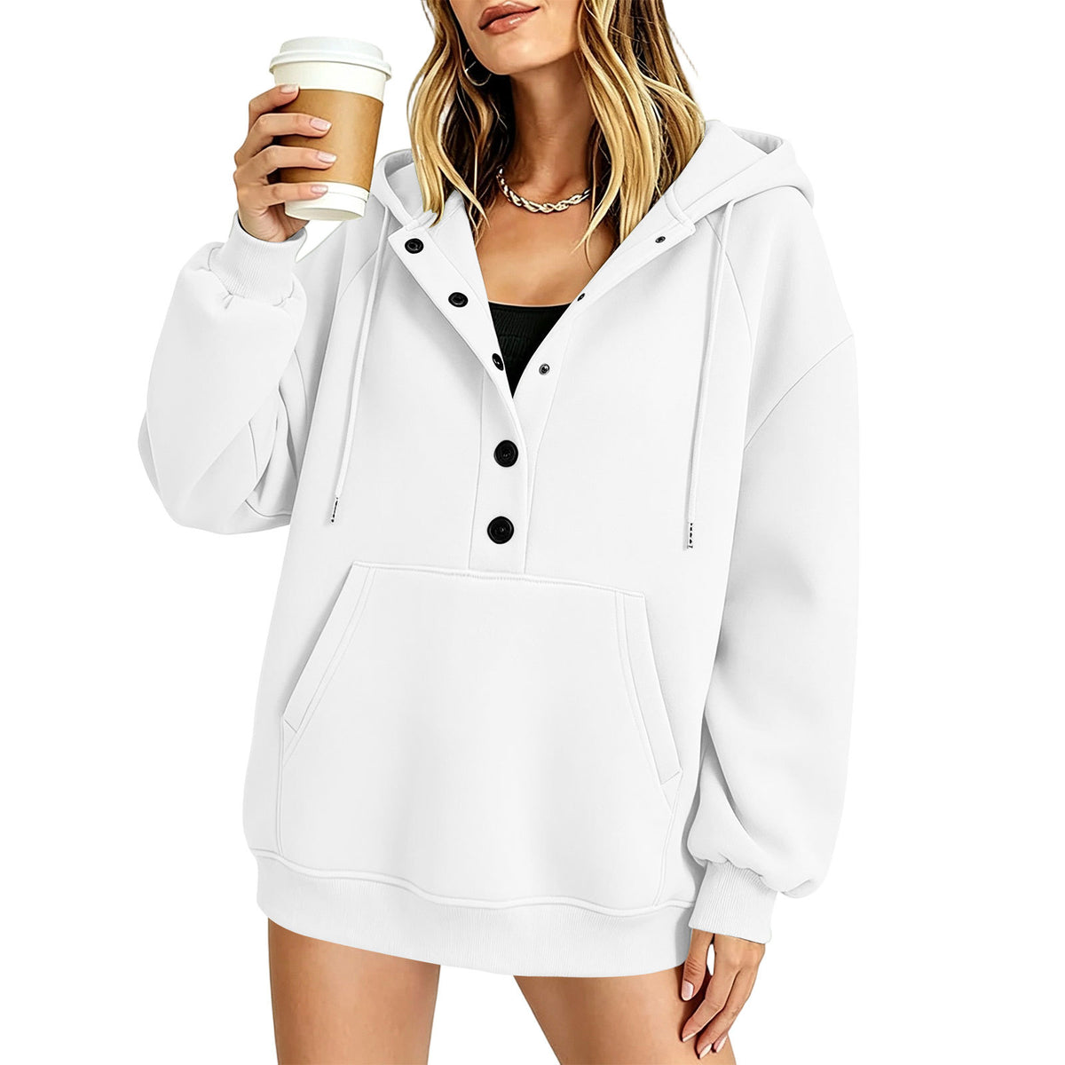 Women's white hooded sweatshirt with button front, long sleeves, front kangaroo pocket