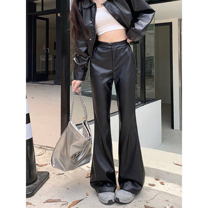 Women's Leather Bootcut Trousers | Slimming High-Waist Casual Pants Slim Fit Leather Bootcut Trousers Slimmi | Ectron Online