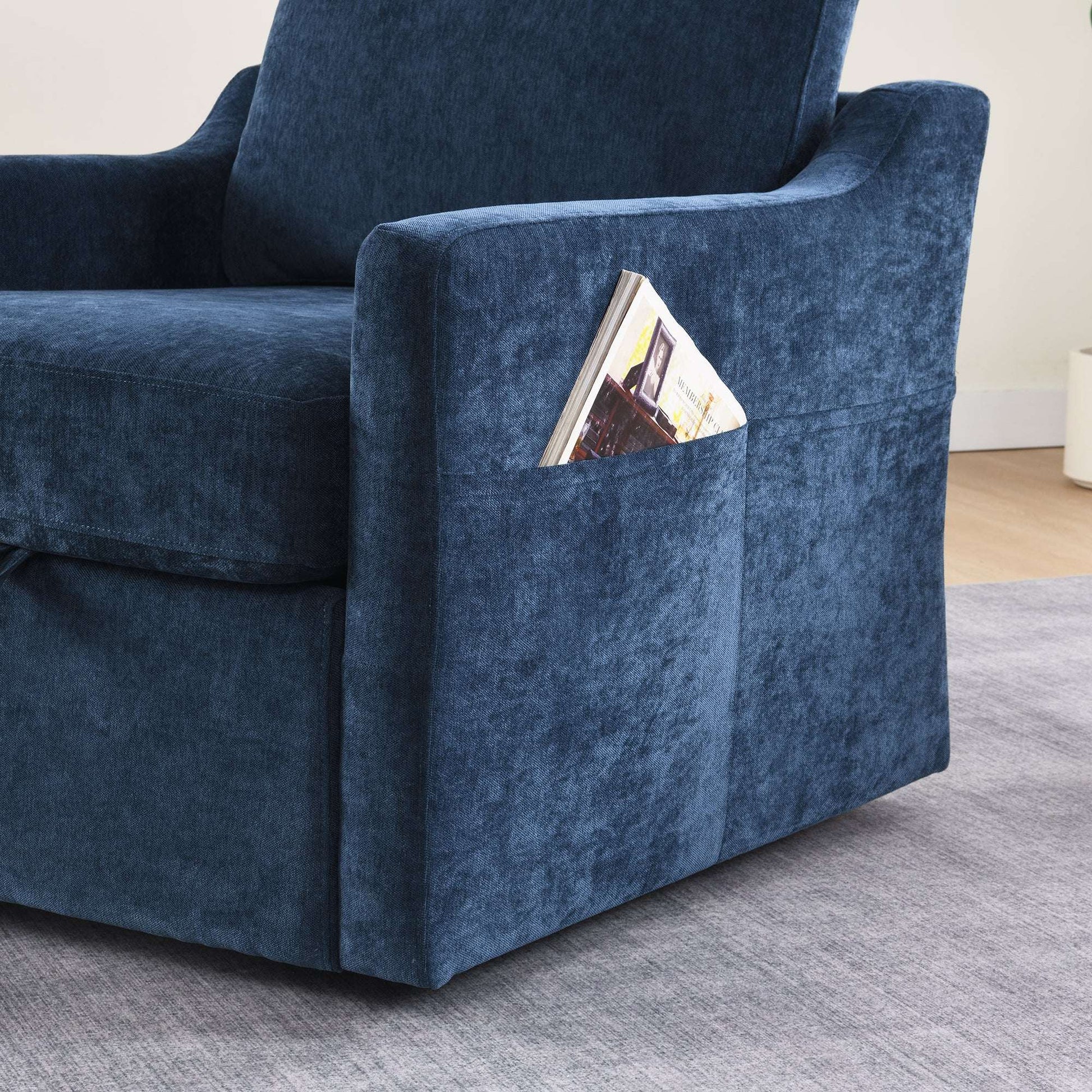 Navy blue chenille accent chair with armrest and side magazine pocket