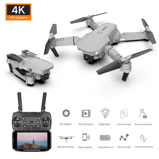 A gray 4K aerial drone with dual cameras, displayed in different positions showcasing its features like foldable design, LED lights, and remote control.