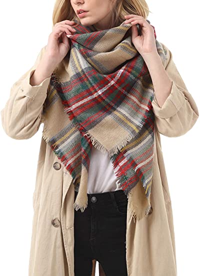 Women’s plaid scarf in gray, brown, red, and fringe ends