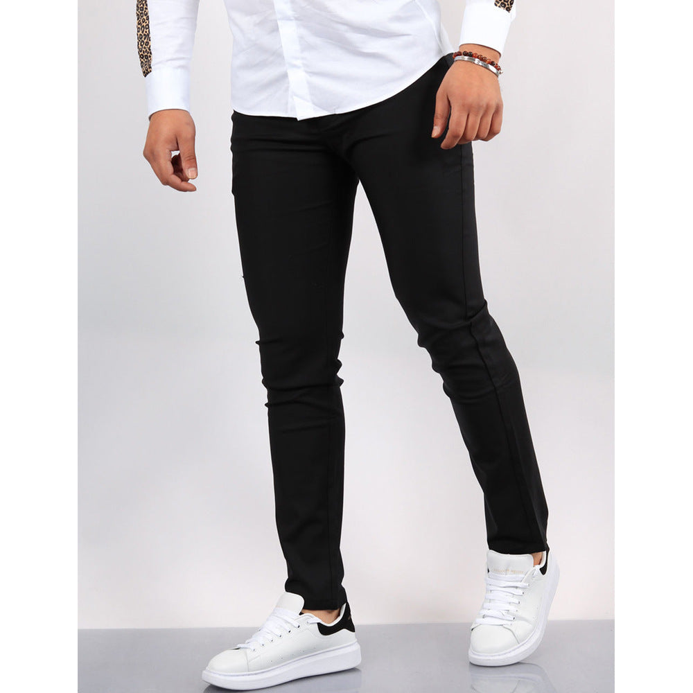 Men's solid chino pants, black, slim tapered legs with cuffed hem