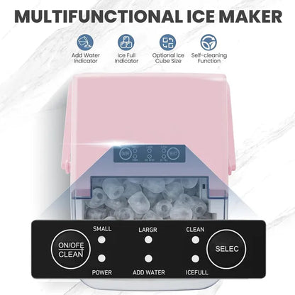 Pink portable countertop ice maker with top lid and front control panel