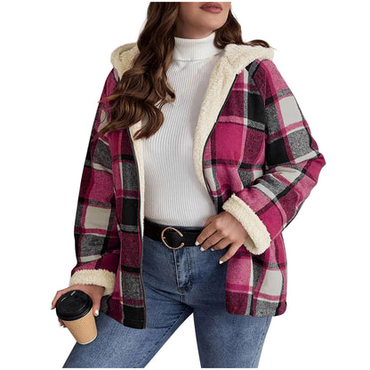 Women's Plaid Fleece-Lined Hooded Coat | Thickened Winter Jacket Plaid Printed Coat Fleece-lined Thickene | Ectron Online
