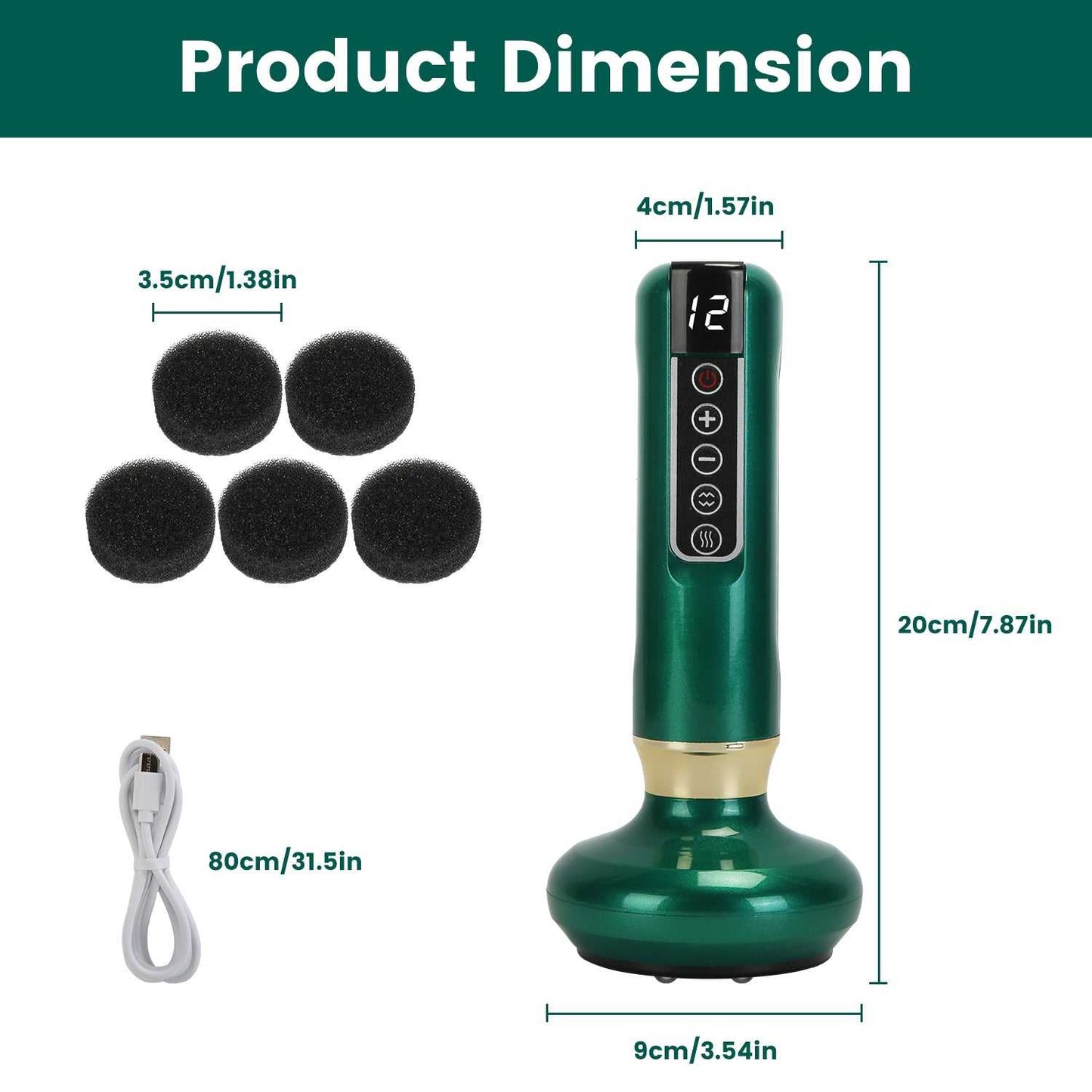 Green vacuum massager dimensions diagram with suction head, display, and charging cable