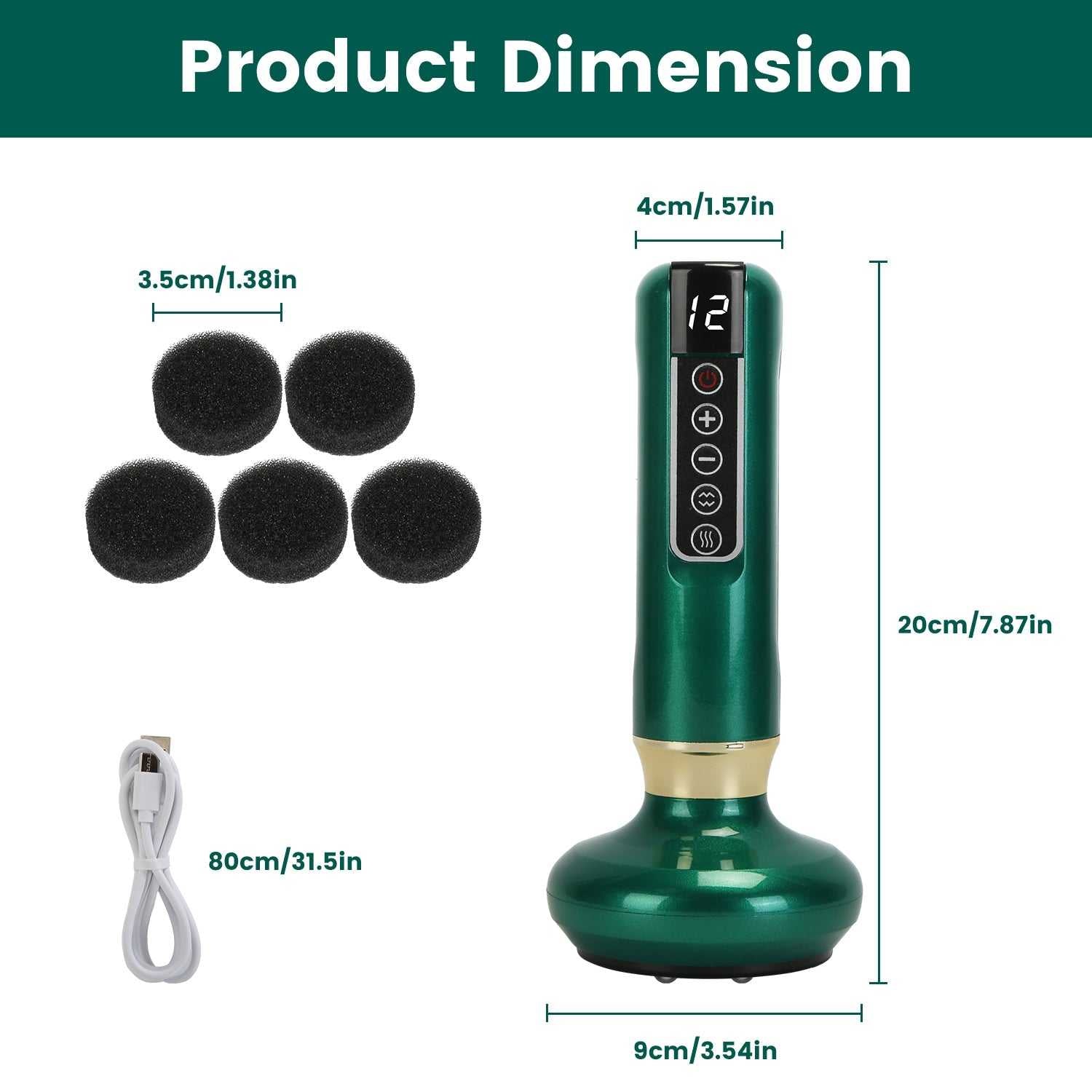 Green vacuum massager dimensions diagram with suction head, display, and charging cable