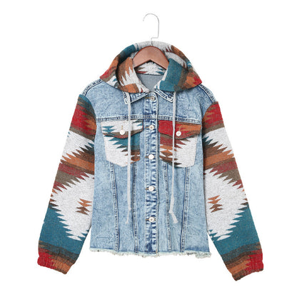 Western Style Denim Stitching Hooded Jacket Multi-color Printed Frayed Hem Jacket