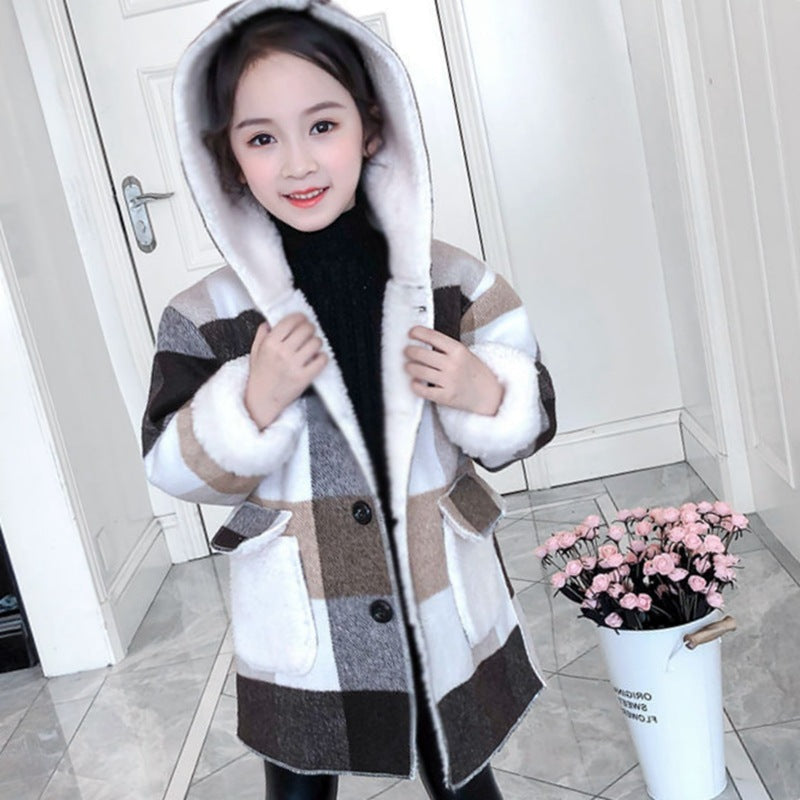 Girls' woolen overcoat in black, brown, and white plaid with faux-fur trimmed hood