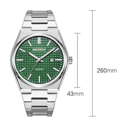 Men's steel strap wristwatch with green textured dial and date window