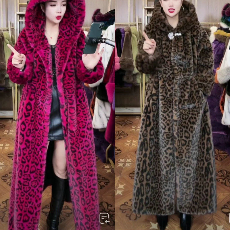Plus Size Leopard Print Fur Coat | Women's Loose Long Faux Fur Jacket