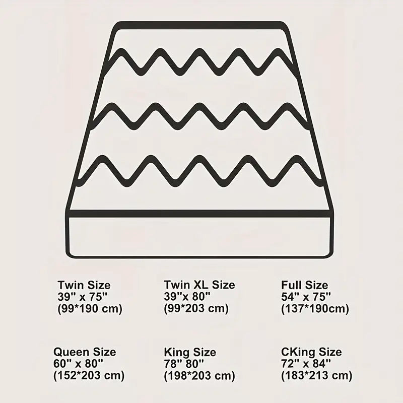 Illustration of mattress sizes with dimensions on a beige background