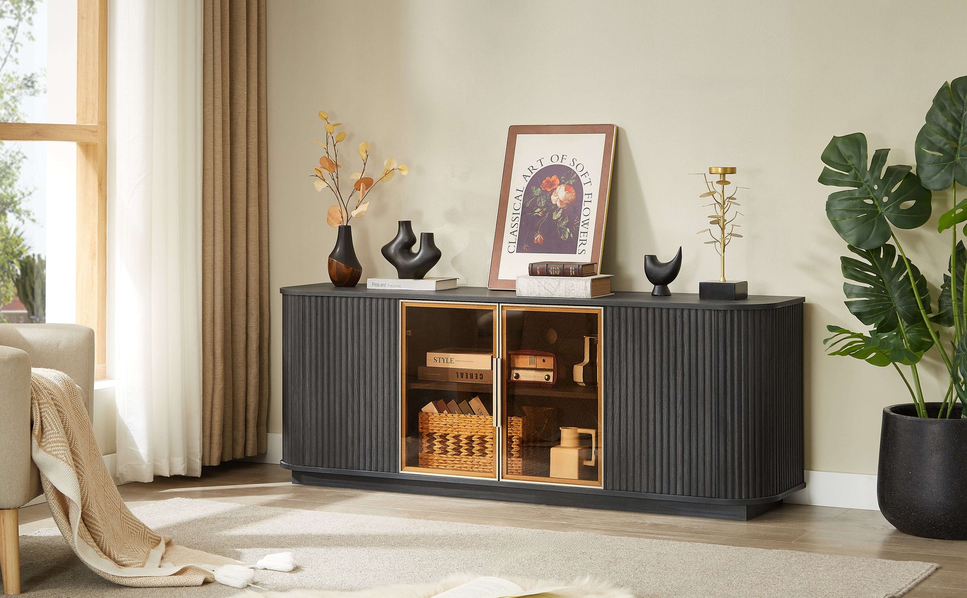 Black TV cabinet with tempered glass doors and wavy ribbed design, LED interior