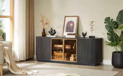 Black TV cabinet with tempered glass doors and wavy ribbed design, LED interior