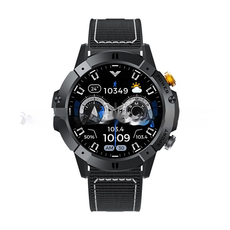 Black smartwatch with textured bezel and black woven fabric strap, colorful digital watch face