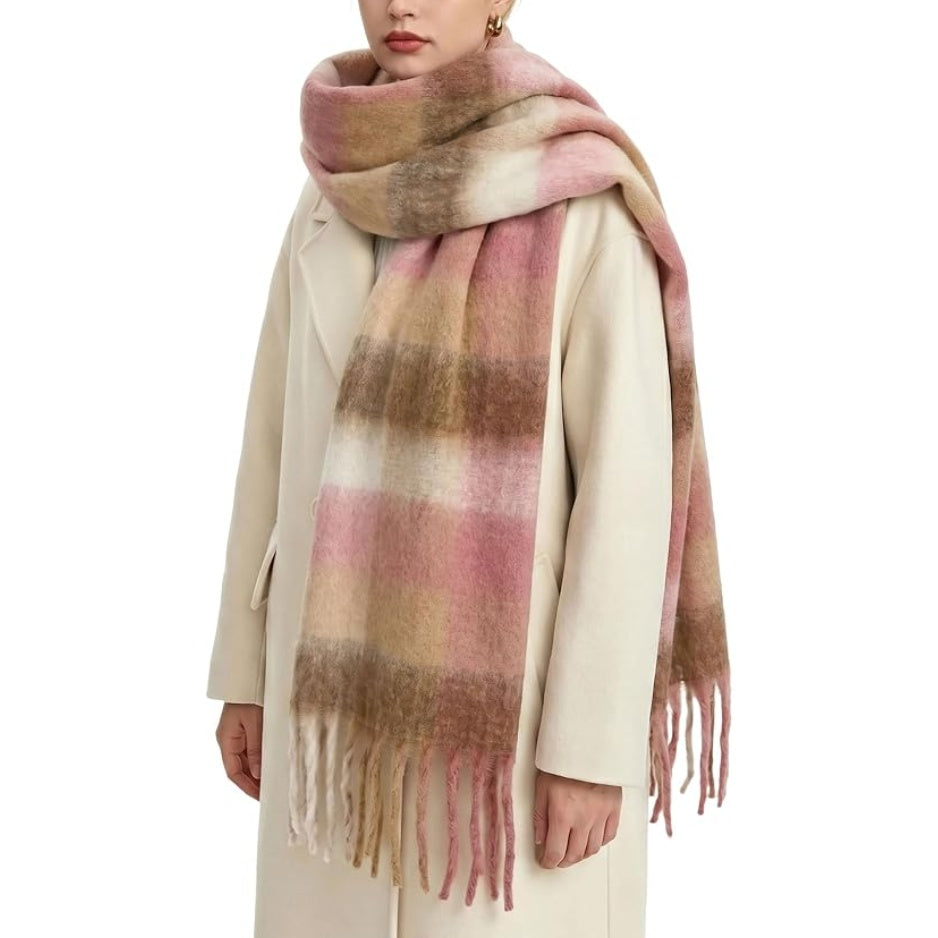 Women’s plaid knit blanket scarf in beige, pink, and brown with fringe