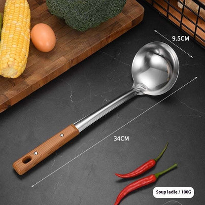 Soup ladle with wooden handle on a dark surface with measurements and vegetables.