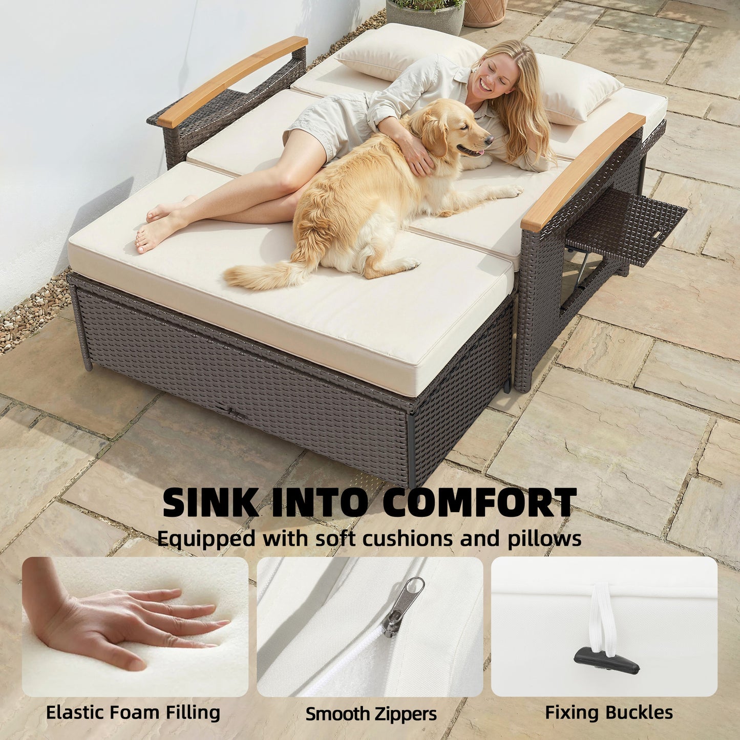 Rattan Outdoor Daybed with Adjustable Backrest | Acacia Wood Accents
