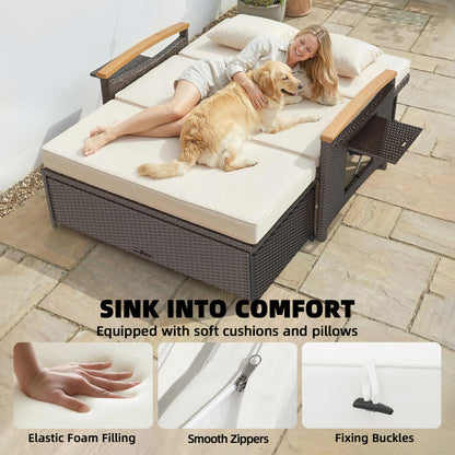 Rattan outdoor daybed with beige cushions and pillows, dark woven sides with wooden arms