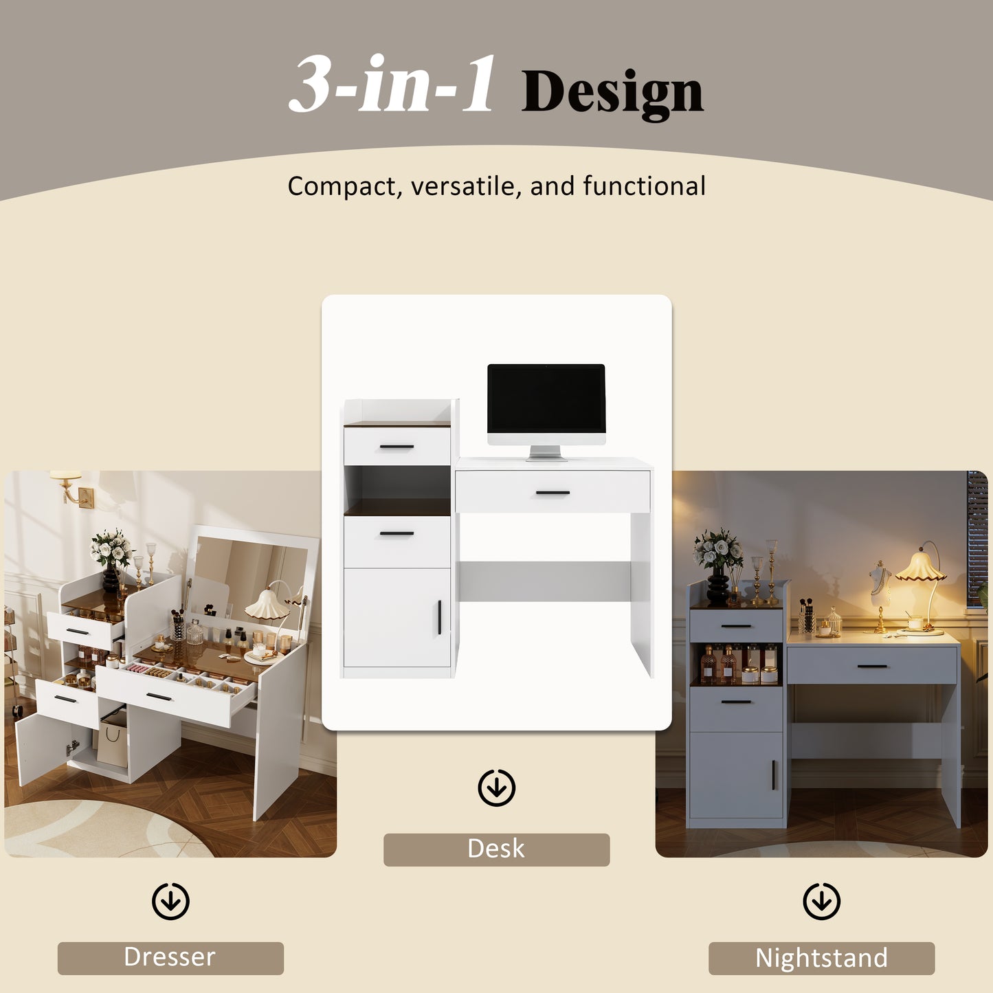 3-in-1 White Vanity Desk with Flip Top Mirror and Glass Tabletop