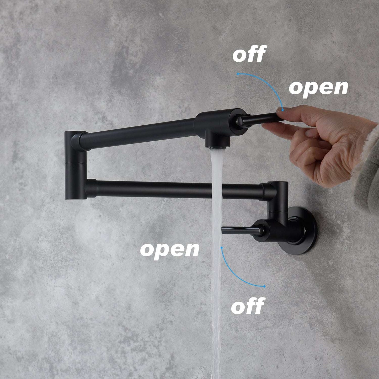 Matte black wall-mount pot filler faucet in open position with water flowing