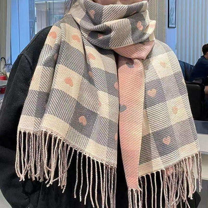 Women's Faux Cashmere Heart Check Scarf with Fringe