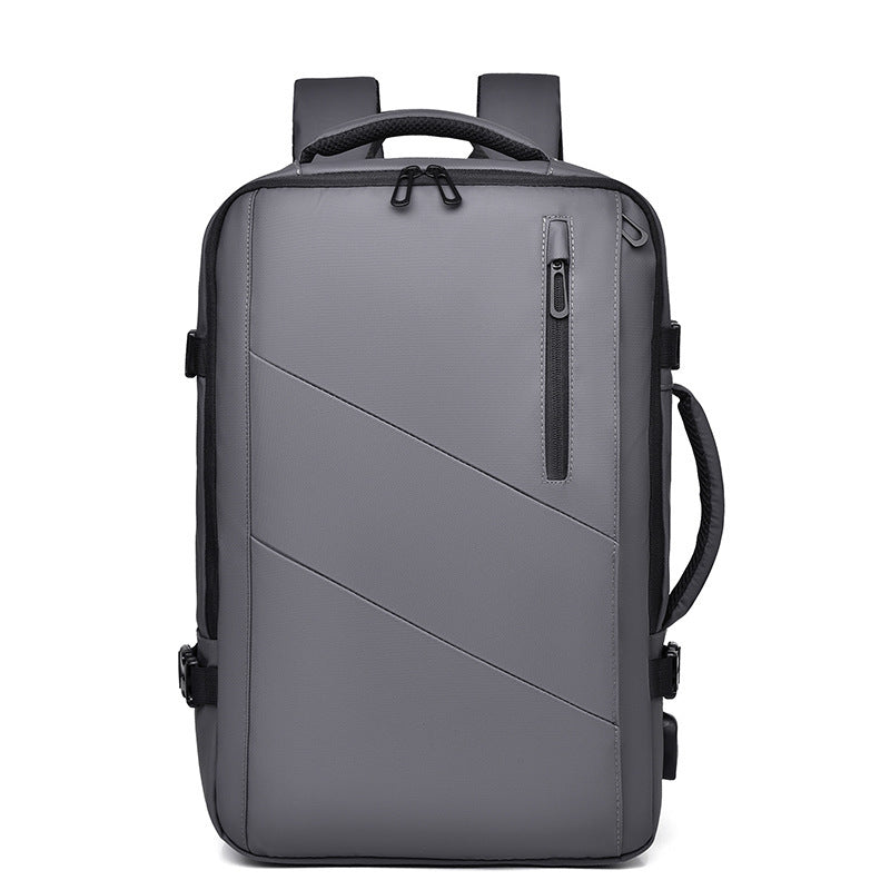 Gray business laptop backpack with front diagonal panel and top carry handle