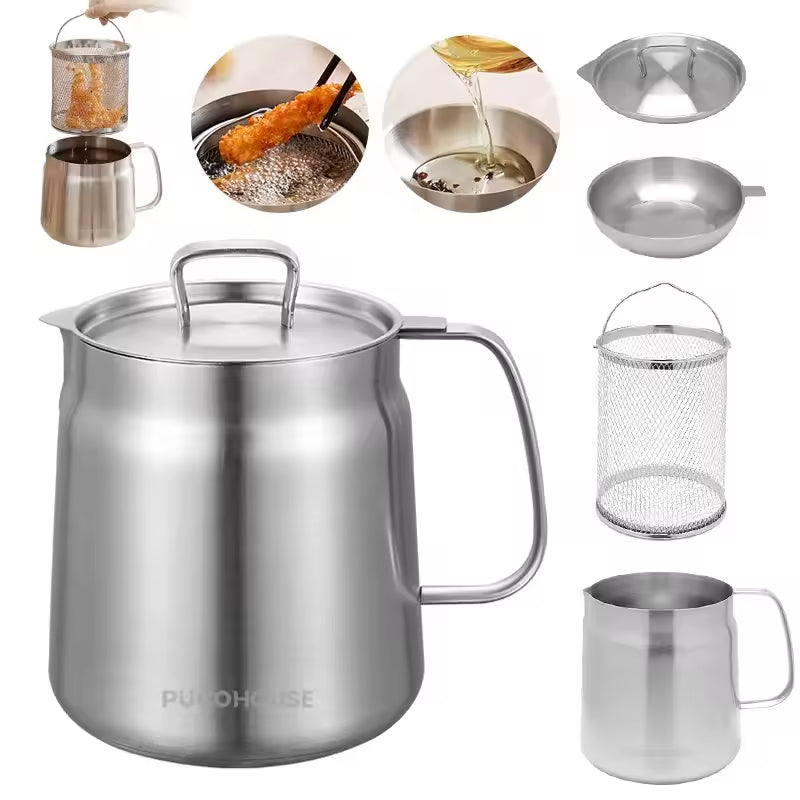 2L Stainless Steel Oil Filter Pot | Fine Mesh Strainer & Oil Storage Tank