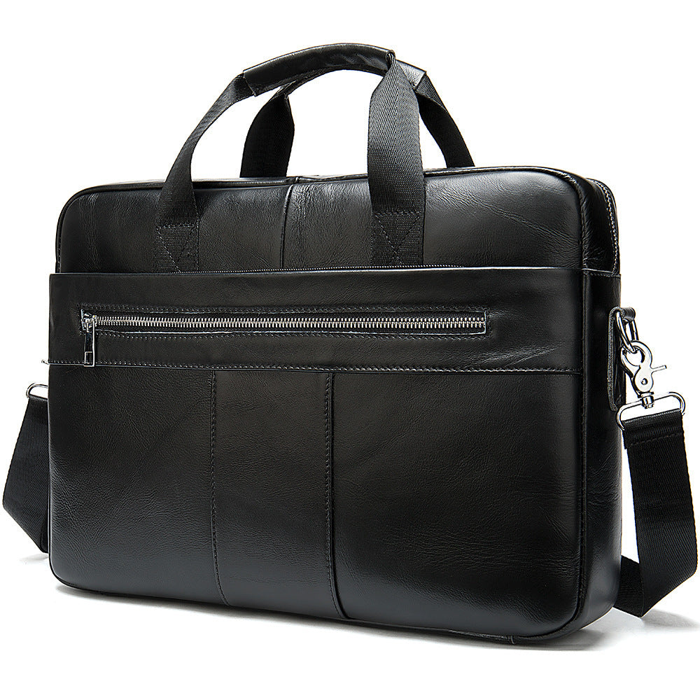 Black leather briefcase with front zipper pocket and two vertical panel seams