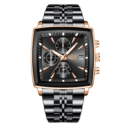 Square dial wristwatch with black face, rose-gold bezel, and black metal bracelet