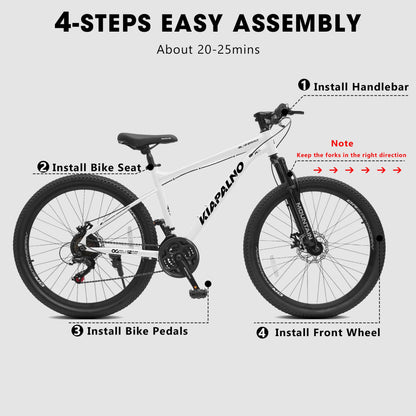 White mountain bike with front wheel and frame shown in four-step setup layout