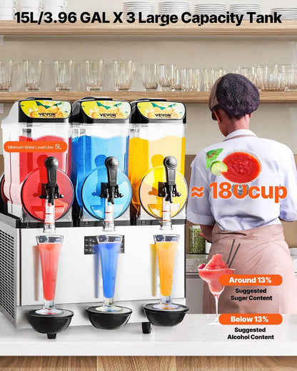 Commercial slushy machine with three syrup tanks and faucet taps, countertop setup