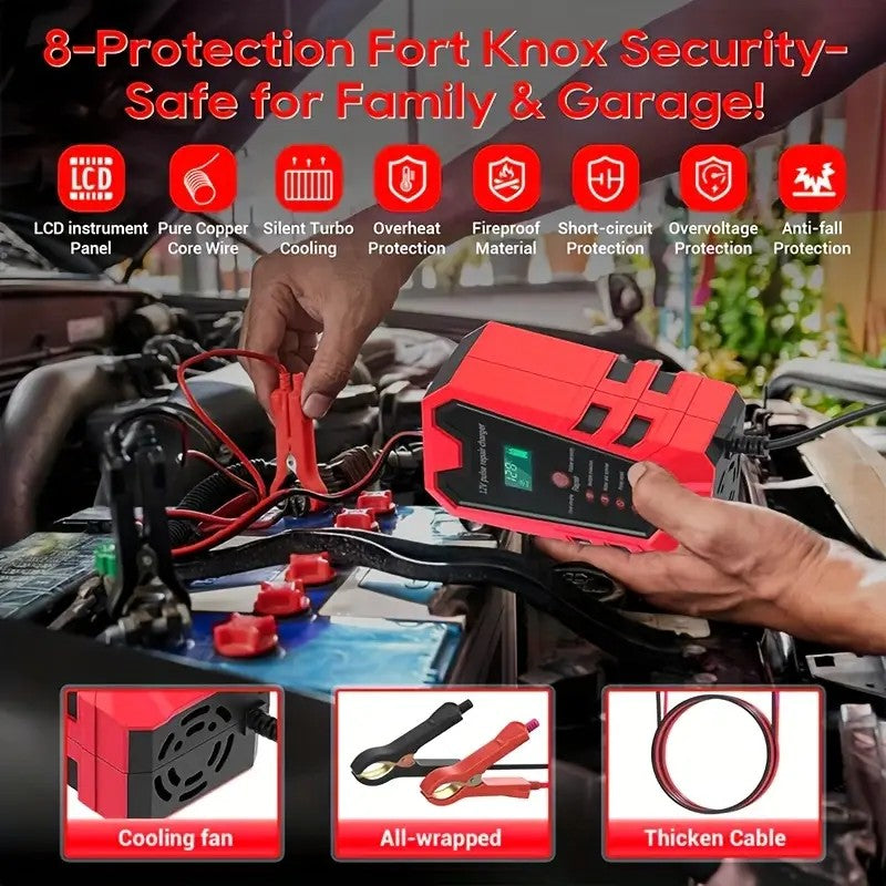Smart 12V Car & Motorcycle Battery Charger | LCD Display Maintainer