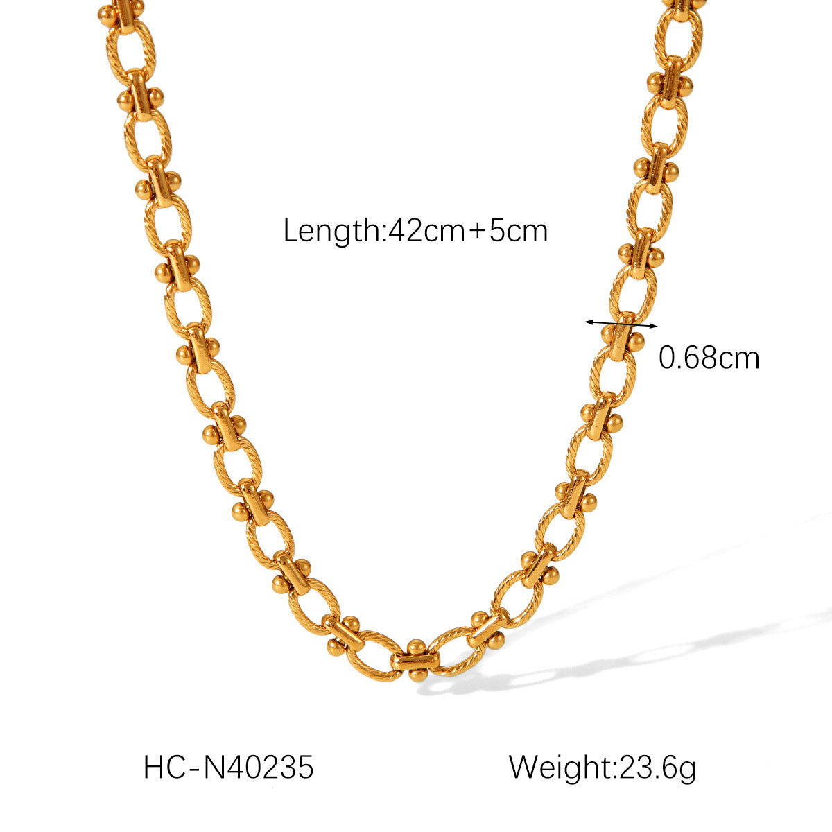 18K gold plated ball bead chain necklace, round links, length 42+5 cm
