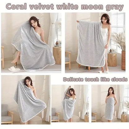 Waffle bath towel, gray towel draped as a wrap on a standing woman