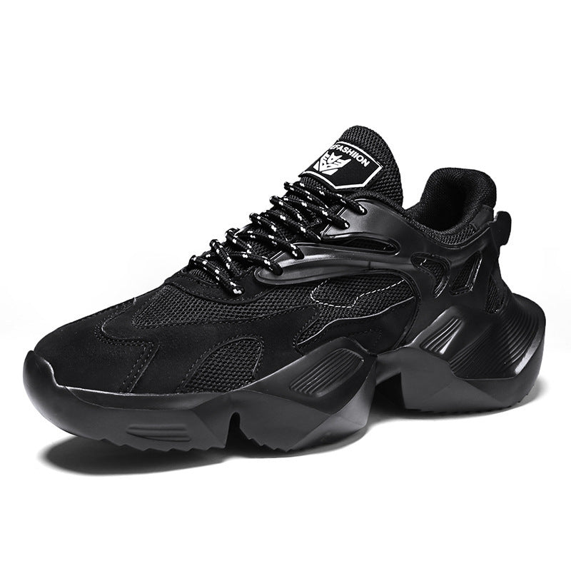 Men's casual sneakers, all-black lace-up with textured upper and chunky sole