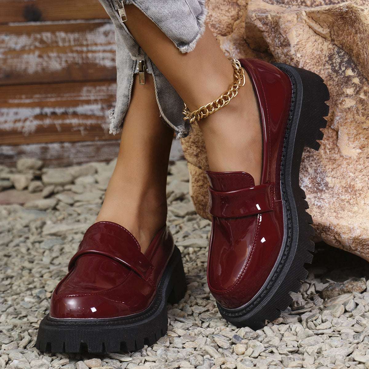 Plus Size British Style Chunky Heel Loafers Plus Size British Style Slip-on Thick Bo | Ectron Online