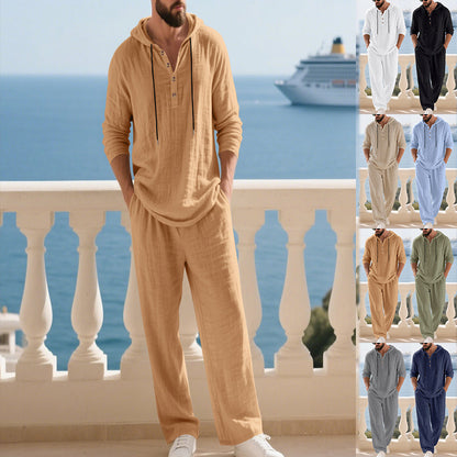Tan hooded long sleeve home wear set with matching long-sleeve top and pants