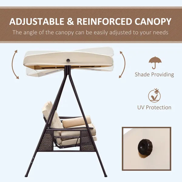 Adjustable cream canopy outdoor porch swing with beige cushions on black frame