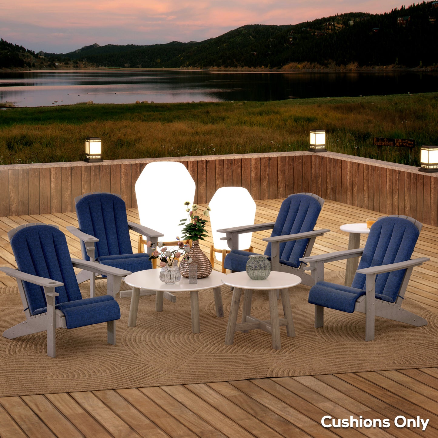 Set of four navy high-back outdoor chair cushions with quilted channels