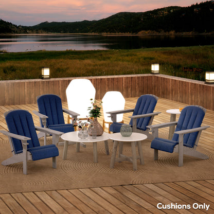 Set of four navy high-back outdoor chair cushions with quilted channels
