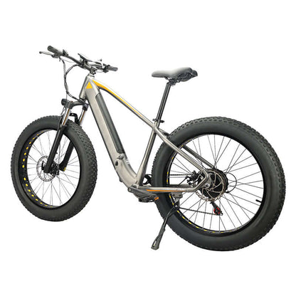 Electric fat-tire bicycle with dark frame and yellow stripe accents, rear wheel visible