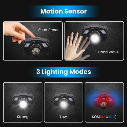 Black motion-sensor LED headlamp with adjustable head unit and three light modes