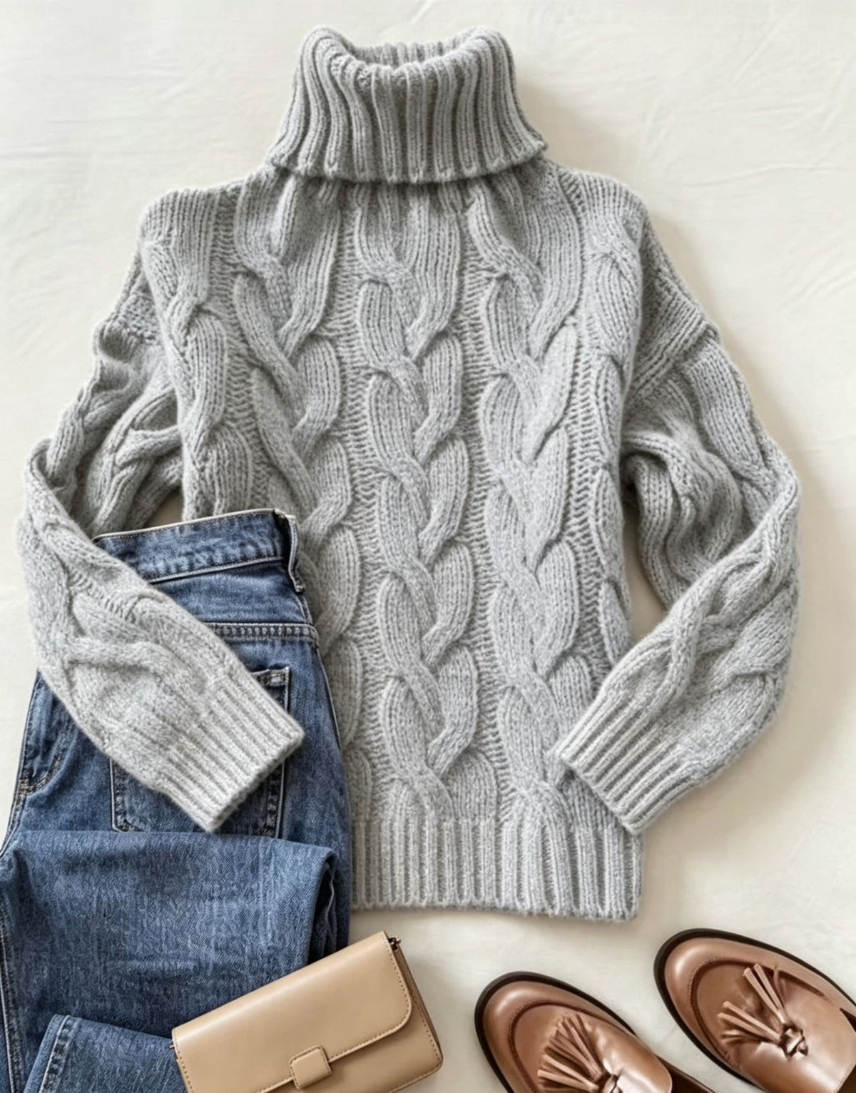 Light gray cable-knit turtleneck long-sleeve sweater with ribbed collar and cuffs.