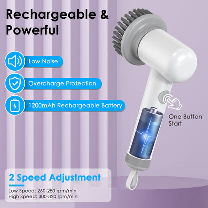 Rechargeable spin scrubber with white body, gray bristle head, and control buttons