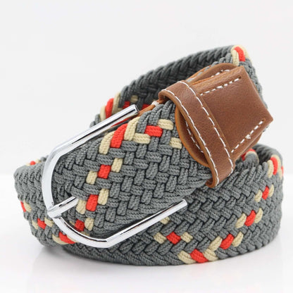Simple Stretch And Breathable Canvas Woven Belt in gray with red and beige accents, featuring a classic buckle.
