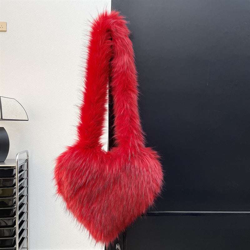 Plush Large Capacity Love Shoulder Bag for Women Winter Fleece Shoulder Bags Women Heart | Ectron Online